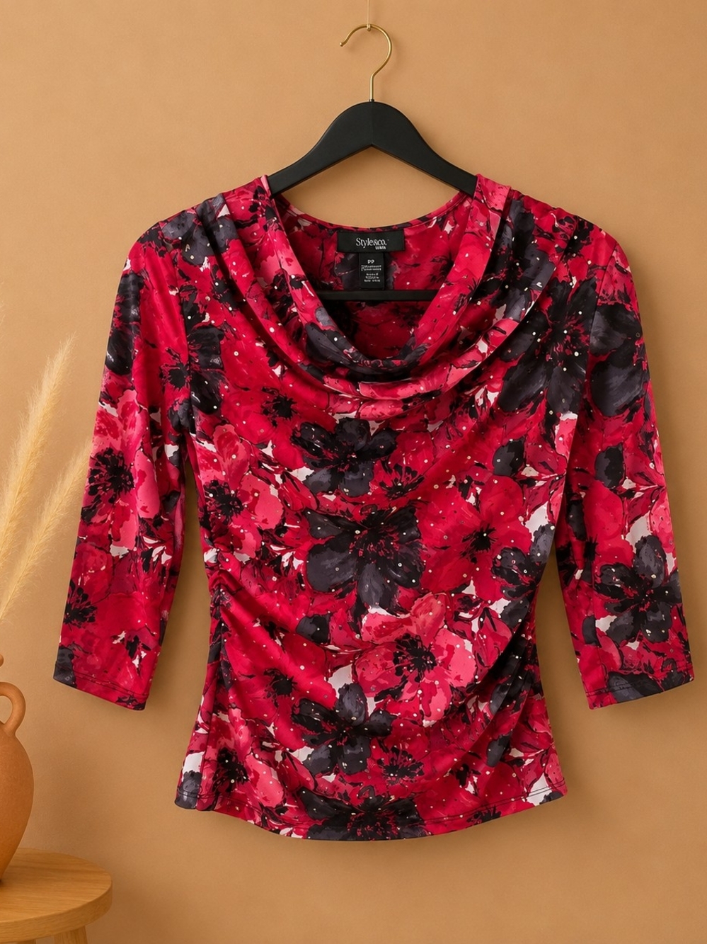 Style & Co. Red and Black Floral Cowl Neck Long Sleeve Top